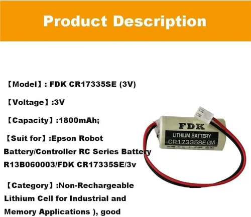 Vista 2 de WELLVEUS「50 Pack」CR17335SE Battery 3V 1800mAh for FDK/Sanyo CR17335SE for Epson Robot Controller RC Series Battery R13B060003 (White Plug)