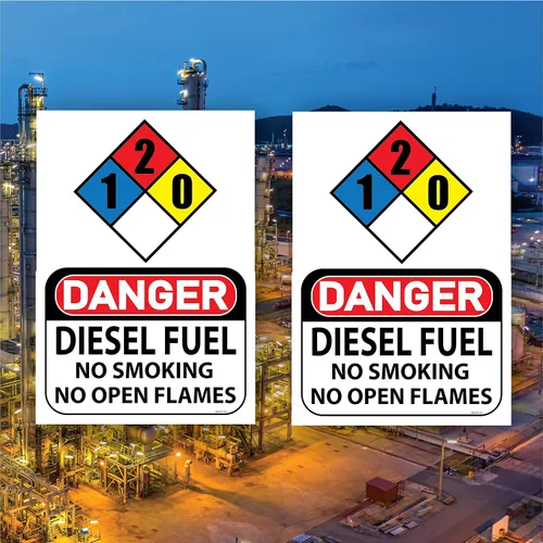 Vista 2 de DANGER Diesel Fuel No Smoking No Open Flames Letrero de vinilo autoadhesivo, 7 x 10 pulgadas (2 unidades)