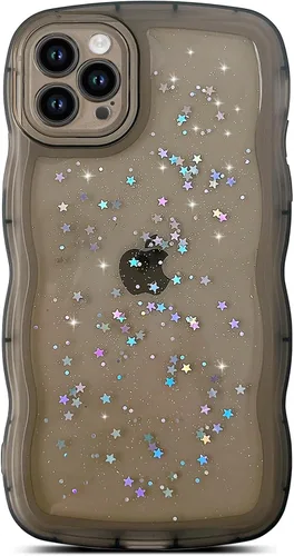 Vista 107 de Qokey para iPhone 14 Plus Funda de 6.7" con diseño de borde ondulado rizado, transparente, con purpurina, brillo, estrellas, brillante, lindo