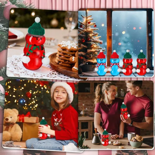 Vista 4 de PRETYZOOM 10 juegos de botellas de jugo de muñeco de nieve con tapa, tarro de plástico transparente de Navidad con bufandas de punto, sombreros