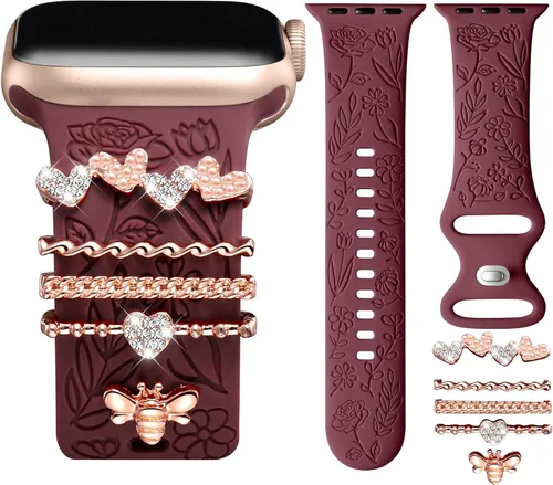 Vista 11 de DaQin Banda con Flor Grabada Compatible con Apple Watch, Bandas de 44mm, 42mm, 45mm, 46mm para Mujeres, Correa de Silicona Suave con Decoración