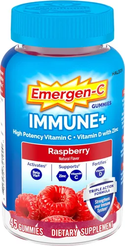 Emergen-C Immune+ Triple Action Immune Support Gummies, BetaVia (R), 1000mg Vitamin C, B Vitamins, Vitamin D and Antioxidants, Raspberry – 45 Count