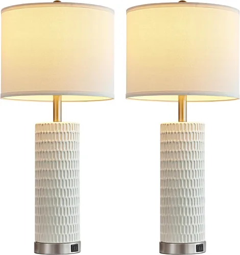 Vista 7 de Juego de 2 lámparas de mesa de cerámica blanca de 28 pulgadas para sala de estar con puertos USB C+A, lámparas táctiles para mesita de noche, 2