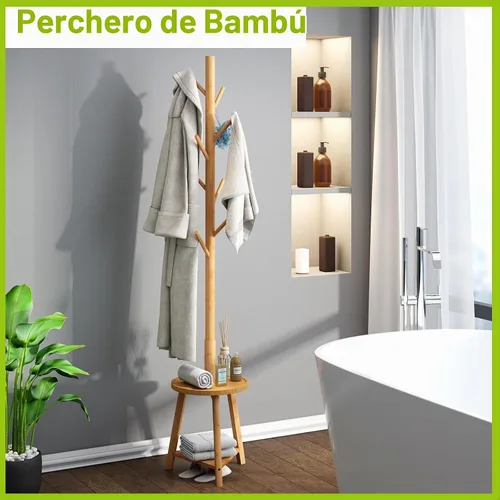 Vista 5 de BMOSU Perchero independiente con estante de madera de bambú, árbol perchero de fácil montaje, 8 ganchos, perchero de pie para chaquetas, pasillo