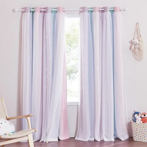 Vista 19 de NICETOWN Cortinas opacas con recortes de estrellas para dormitorio, 2 paneles, diseño mixto de 2 capas de tela y tul, cortina de ventana para niños