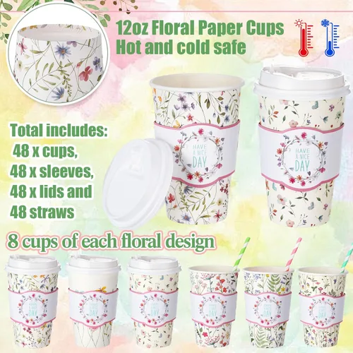 Vista 2 de Jingmore 48 juegos de tazas de café de papel desechables de 16 onzas con tapas, fundas para pajitas, vasos de papel para bebidas frías calientes