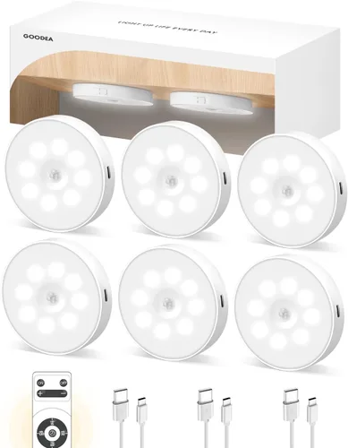 Vista 8 de GOODEA Luces LED para Debajo del Gabinete, Luz Recargable con Sensor de Movimiento, Luces de Disco de 1000mAh con Control Remoto IR, Luces Debajo