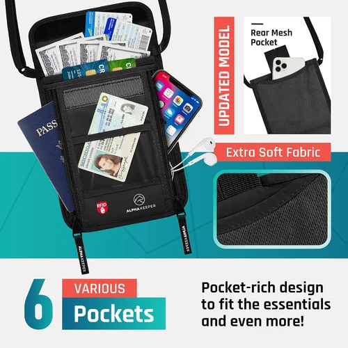 Vista 5 de Cartera de viaje para el cuello con bloqueo RFID para pasaporte para hombres y mujeres, bolsa de viaje súper delgada para proteger tus papeles