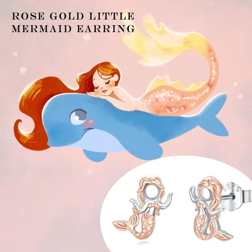 Vista 2 de Pendientes de sirena de oro rosa, de plata de ley 925, hipoalergénicos, lindos pendientes de sirena para orejas sensibles, regalo de cumpleaños