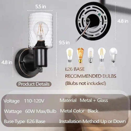 Vista 2 de Juego de 2 apliques de pared - Luces de tocador negras mate para baño, accesorios de luz de pared modernos con interruptor giratorio - Luz