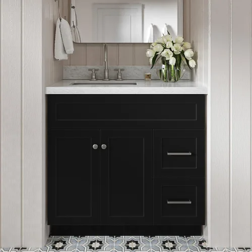 DKB Bradford tocador de baño negro de 36 pulgadas con fregadero, encimera de mármol italiano de Carrara de 1.5 pulgadas, fregadero rectangular