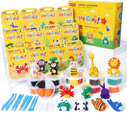 Kit de arcilla seca al aire para niños: juego de arcilla mágica para modelar 12 animales con herramientas de escultura y tutoriales, seguro, no