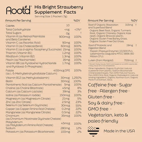 Vista 6 de Root'd Multivitamínico en polvo para hombres – 24 vitaminas y minerales con 3 electrolitos, 9 superalimentos orgánicos, probióticos y enzimas