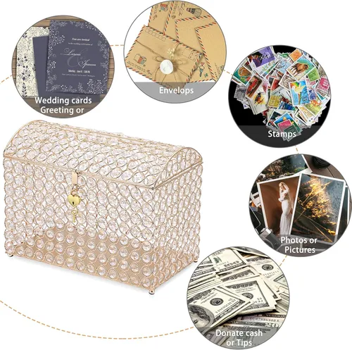 Vista 7 de ELLDOO Crystal Wedding Card Box with Heart Lock, 12.6" x 6.3" x 9.4" Money Card Box Treasure Chest Style Gold Gift for Wedding Receptions
