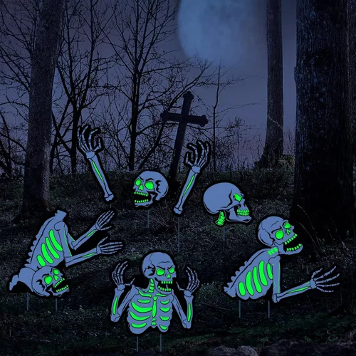 5 carteles de Halloween para patio, decoración al aire libre, esqueleto fluorescente de Halloween, letrero de jardín con estacas reflectantes de