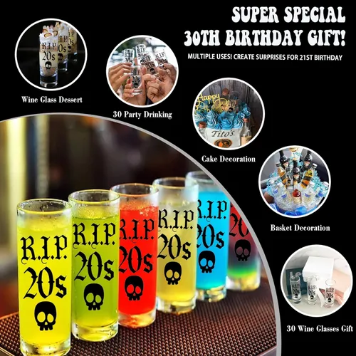 Vista 2 de JUSTOTRY Vaso de chupito de 30 cumpleaños – RIP 20 regalos de cumpleaños para ella, vaso de chupito de 2 onzas, mejores decoraciones de cumpleaños