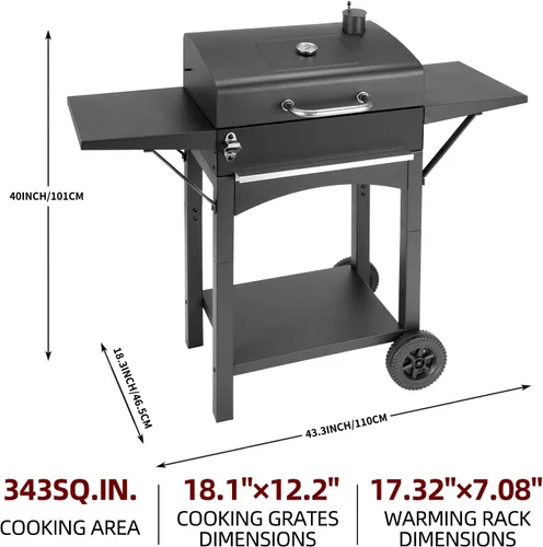 Vista 5 de Parrilla de carbón para exteriores con mesa lateral doble, parrilla de barbacoa con área de cocción de 343 pulgadas cuadradas para cocinar al aire