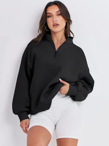 Vista 3 de ANRABESS Sudadera de manga larga para mujer, de gran tamaño, con media cremallera, sudadera con capucha Y2K, ropa de otoño a la moda