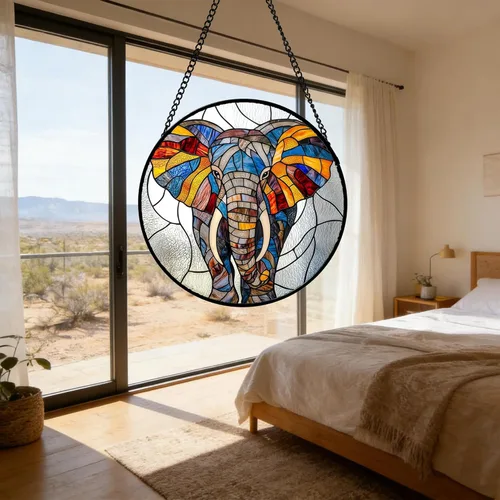 Vista 5 de Atrapasoles de Vidrio Manchado para Colgar en Ventana, Elefante Colorido para Capturar el Sol para Puerta, Decoración del Hogar, Atrapasoles