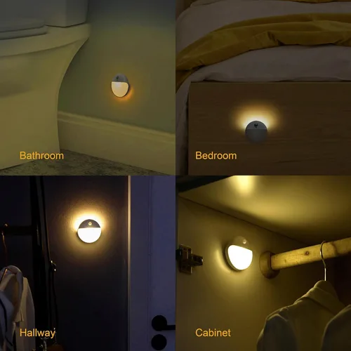 Vista 9 de YUNLEX Paquete de 2 luces nocturnas con sensor de movimiento, amarillo dorado, 3 modos de iluminación, atenuación continua, funciona con pilas, LED
