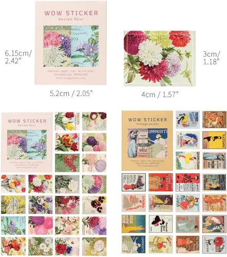 Vista 2 de Monolike Wow Sticker Ancien Fleur + Set de Póster Vintage - Mini Tamaño Lindas Calcomanías, Calcomanías Cuadradas