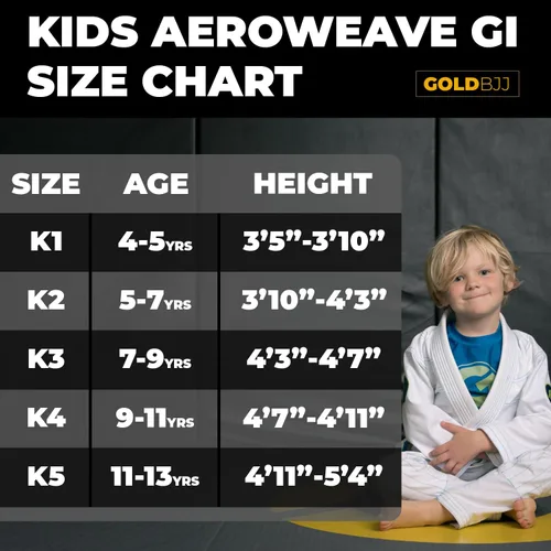Vista 2 de Gold BJJ Jiu Jitsu Gi para niños, estilo Aeroweave y uniforme ligero