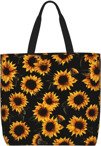 Vista 13 de Bolsa de mano de girasoles negros para mujer, bolsas reutilizables para compras de comestibles con cremallera, bolsa de hombro casual