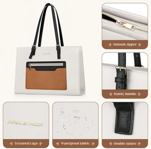 Vista 5 de Maelstrom Bolsa de cuero para computadora portátil para mujer, maletín impermeable con bolsa de embrague, bolsos de trabajo para computadora de 15.6