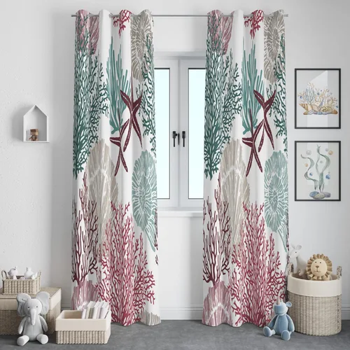 Vista 20 de Cortinas de Ventana Oceánicas Costeras con Ojales, Cortinas Náuticas Tropicales de Playa con Temática de Conchas Marinas y Estrellas de Mar