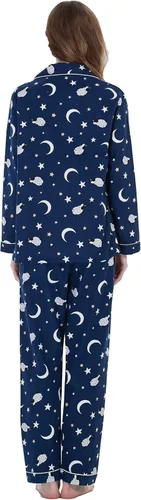 Vista 2 de GLOBAL Conjunto de pijama de franela para mujer, 100% algodón, pijama de manga larga con botones, ropa de descanso cálida
