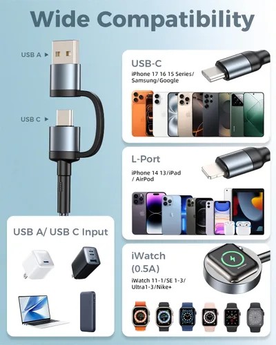 Vista 3 de Esenciales de viaje para cargador de Apple Watch, cable de carga múltiple para iPhone 17, cable USB C para iWatch, Car Cruise RV Camping Essentials