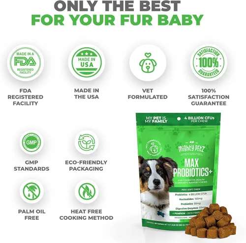 Vista 5 de Mighty Petz MAX - Probióticos 5 en 1 para perros 4 mil millones de UFC masticables probióticos para perros y enzimas digestivas + prebiótico +