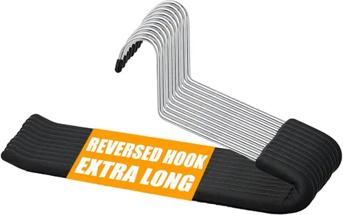 [Upgraded Reversed Hook] HUJI Extra Long Heavy Duty Open Ended Ergonomic Easy Slide Non-Slip Wrinkle Free Foam Coated Metal Pants Hangers Trouser