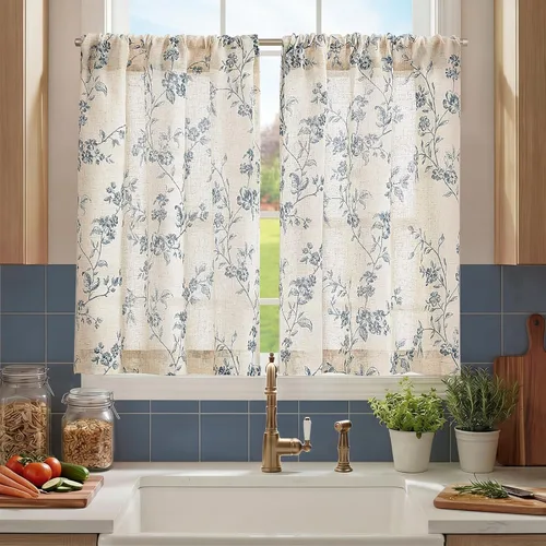 Vista 21 de JINCHAN Cortinas florales de cocina de 24 pulgadas, cortinas de lino de varios niveles, cortinas de granja de estilo cafetería, cortinas para media