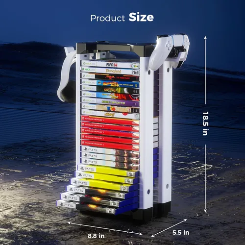 Vista 3 de Allnice Game Storage Tower Multifunction Video Game Shelf for 24 game Disk, 2 Headsets Controllers Holder Compatible with PS3PS4PS5 Nintendo