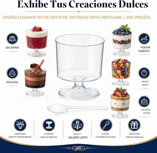 Vista 3 de Dandat 100 mini tazas de postre de 2 onzas con 100 cucharas de plástico transparente, tazones de mousse con pies y pedestal de frutas, parfait