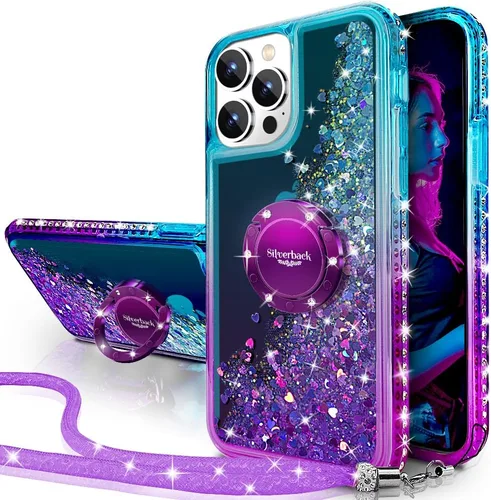 Vista 10 de Silverback Funda para iPhone 15, funda con purpurina holográfica líquida en movimiento con soporte, para niñas y mujeres, funda protectora