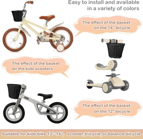 Vista 3 de Cesta delantera para bicicleta de niños, tejida a mano multicolor, para niños y niñas