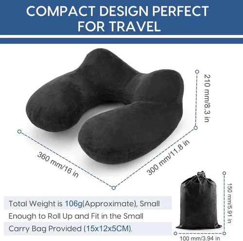 Vista 6 de Almohada inflable de viaje para avión, almohada inflable para el cuello para viajar con terciopelo suave, funda lavable para dormir, avión, tren
