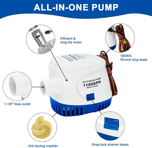 Vista 3 de Sanuke Bombas de achique automáticas de 1100 GPH, bomba de achique de agua marina de 12 V con interruptor flotante, salida de 1-1/8", bomba