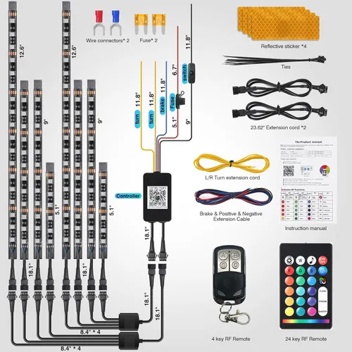 Vista 6 de Kit de 8 luces LED para motocicleta con señal de giro de luz de freno, kit de luz LED para motocicleta con control remoto APPRF, tiras de neón RGB