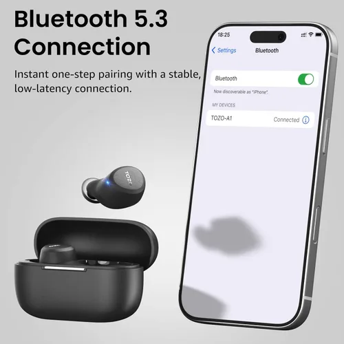 Vista 9 de TOZO Auriculares inalámbricos A1 Bluetooth 5.3 de peso ligero en el oído IPX5 Auriculares impermeables 2 micrófonos para llamadas AI, auriculares
