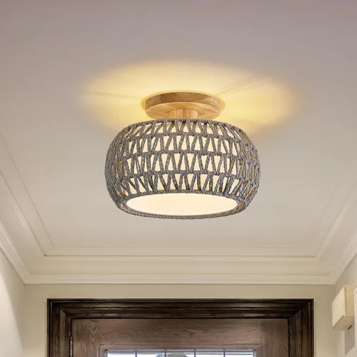 Vista 9 de Lámpara de techo de ratán bohemio, 3 opciones de estilo, luces de techo de mimbre semiempotradas, accesorios de luz costera beige, candelabro