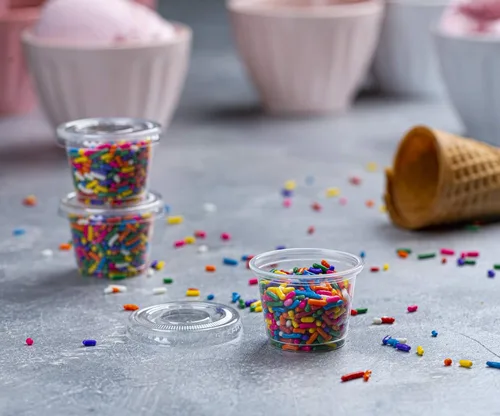 Vista 5 de Vasos de porción desechables de plástico transparente de 1 oz (100 juegos) - Vasos para condimentos, salsa, aderezo, gelatina con tapas