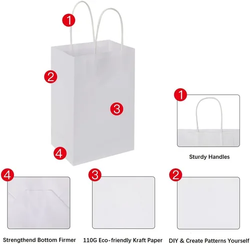 Vista 6 de Oikss Cada paquete de 100 bolsas de regalo de papel kraft blanco pequeño y mediano con asas a granel