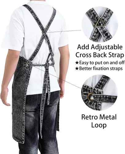 Vista 5 de Delantal Tobyan de Mezclilla de Algodón Suave - Delantal Unisex Ajustable con Babero de 5 Bolsillos Perfecto para Cocinas