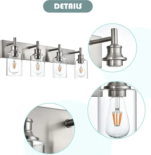 Vista 5 de 4 luces de tocador de baño, níquel cepillado, accesorios de iluminación de baño sobre espejo con vidrio transparente, aplique de pared industrial