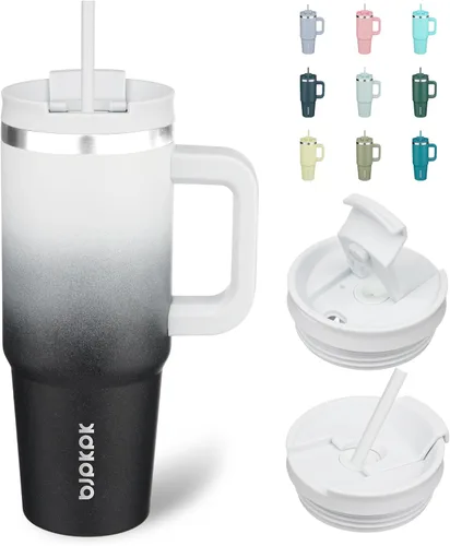 Vista 23 de BJPKPK - Vaso de 40 onzas con asa, vasos aislados con tapa y pajilla, de acero inoxidable, vaso térmico, color limón