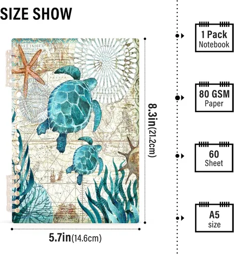 Vista 3 de Paquete de 2 cuadernos con rayas universitarias, diseño vintage de tortugas marinas y estrellas de mar, mapa de estrellas de mar, cuaderno