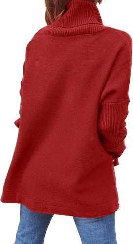 Vista 4 de LILLUSORY - Suéter de punto holgado de cuello alto para mujer, diseño tipo túnica con manga larga de murciélago, dobladillo dividido y sin botones